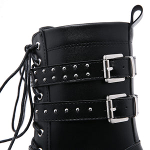 Women motorcycle studded lace up buckle strap black platform boots