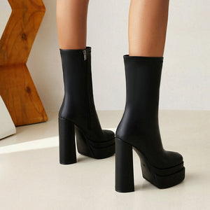 Women fashion chunky heeled platform side zipper short black boots