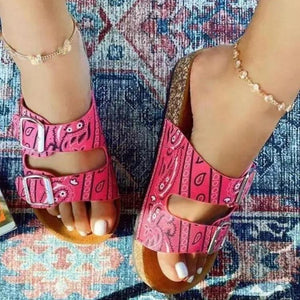 Women buckle flower printed peep toe slide two strap sandals