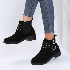 Women studded buckle strap chunky heel slip on short boots