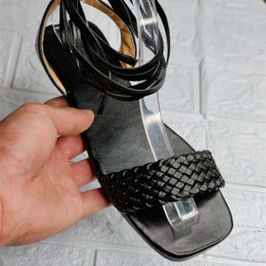 Women braided square peep toe strappy lace up gladiator sandals