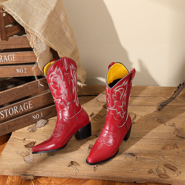 Women cowgirl boots | Mid calf embroidered chunky heel slip on western boots