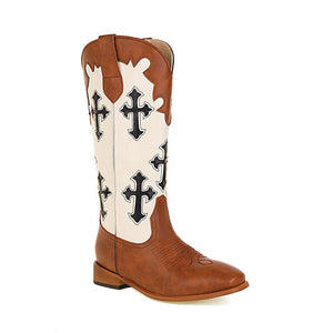 Women color block embroidered chunky heel mid calf boots
