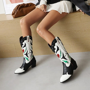 Women color block embroidered hollow chunky heel mid calf boots