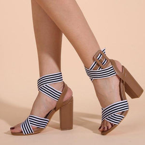 Women stripe printed criss cross strappy ankle strap chunky heels