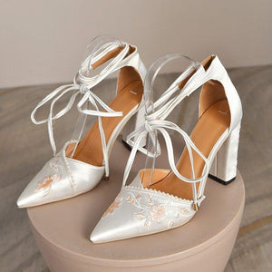Women embroidered flower side cut pointed toe chunky lace up heels