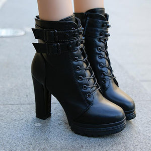 Women platform lace up buckle strap chunky heeled booties