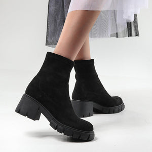 Women faux suede chelsea boots | High top slip on winter boots | Chunky heel platform boots