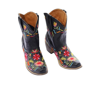 Women cowgirl boots | Fall winter embroidered boots | Chunky heel short boots
