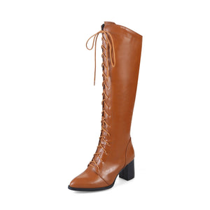 Women pointed toe chunky high heel lace up knee high boots
