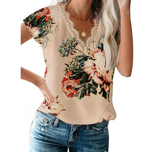 Women summer short sleeve lace flower v neck t shirts