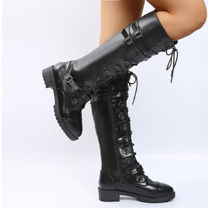 Women knee high chunky heel buckle strap lace up boots