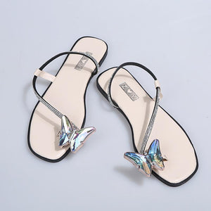Women butterfly ring toe rhinestone strap slide flat sandals