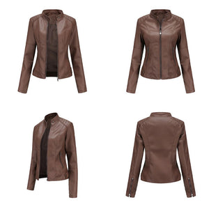 Women motorcycle standing collar long sleeve cropped coat & jacket