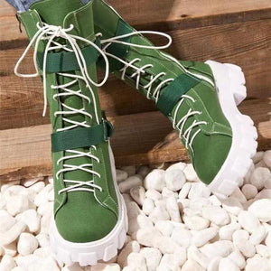Women chunky platform lace up buckle strap mid calf motorcycle boots