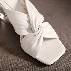 Women square peep toe bowknot slip on clear chunky heels