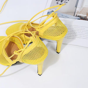 Women mesh square toe hollow breathable lace up strappy heels