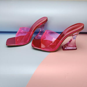 Women square toe clear strap slide chunky high heels