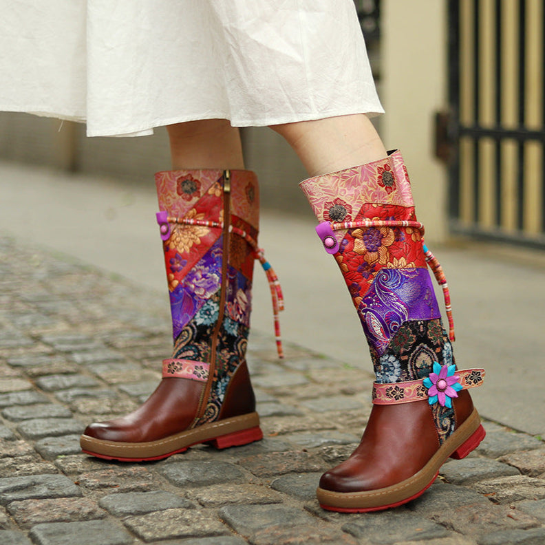 Women ethic casual round toe chunky heel keep warm knee high boots