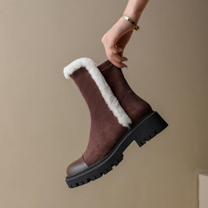 Women chunky heel platform faux fur short winter boots