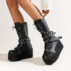 Women black punk chunky platform boots buckle strap lace up mid calf boots