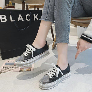 Women glitter rhinestone color block lace up stitching platform sneakers