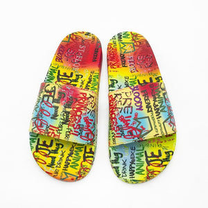 Women colorful printed summer peep toe flat slide sandals