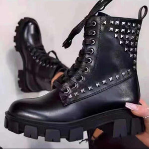 Women chunky heel platform studded lace up side zipper black boots