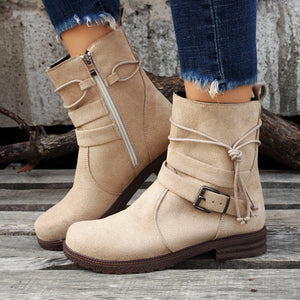 Women ankle lace side zipper buckle strap chunky low heel short boots