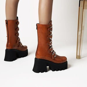 Women mid calf buckle strap chunky platform motorcycle boots