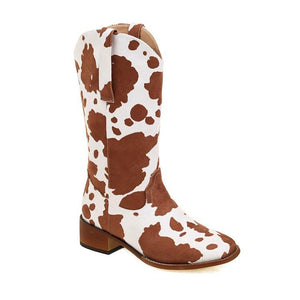 Women chunky heel cow grain printed mid calf boots