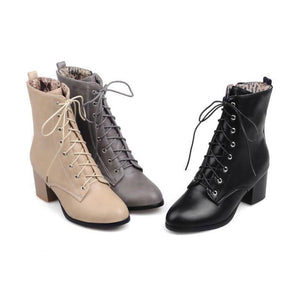 Women England style chunky heel lace up short motorcycle boots