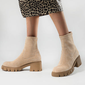 Women faux suede chelsea boots | High top slip on winter boots | Chunky heel platform boots