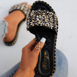 Women rhinestone peep toe slide flat black sandals