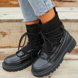 Women sock lace up chunky heel platform short black boots