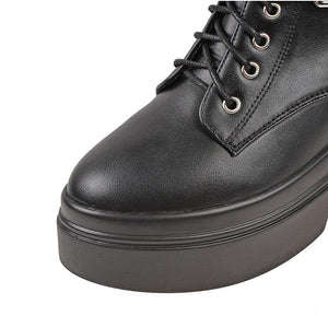 Women studded buckle strap lace up short black boots