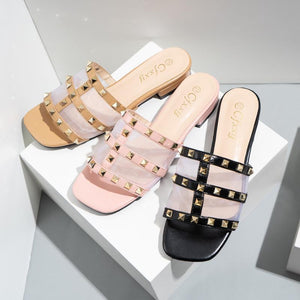 Women square toe studded strap slide sandals