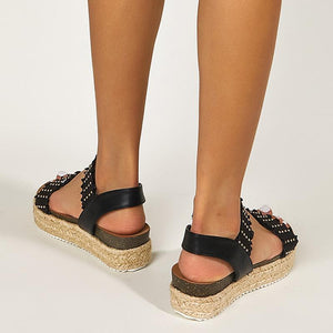Women studded elastic strap peep toe espadrille black sandals