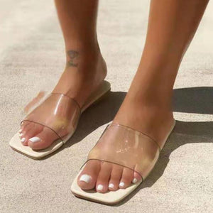 Women square peep toe summer beach flat slide sandals