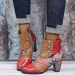 Women retro flowers printed side zipper chunky high heeled booties