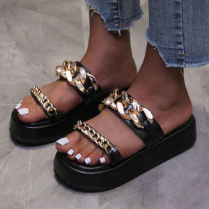 Women two strap chain d¨¦cor slide platform sandals