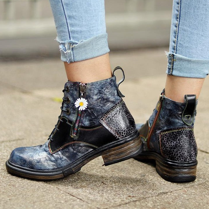 Women flat heel side zipper lace up short motorcycle boots