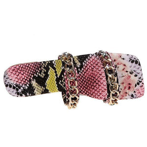 Women square two strap chain d¨¦cor slide snakeskin sandals