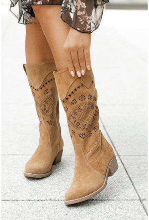 Women flower printed mid calf boots | Side zipper faux suede chunky heel boots