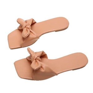 Women bowknot square peep toe summer flat slide sandals