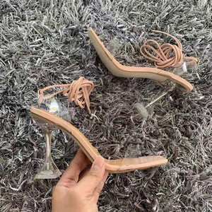 Women square peep toe clear stiletto strappy lace up heels