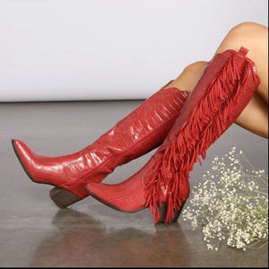 Women fringe boots V cut embossed chunky heel knee high boots with side zipper