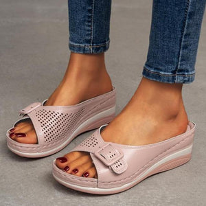 Women summer casual buckle strap peep toe wedge slides