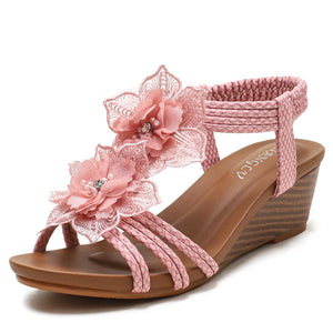 Women cute flowers d¨¦cor peep toe slingback slip on wedge sandals