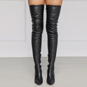 Women pointed toe stiletto heel side zipper back lace up over the knee boots